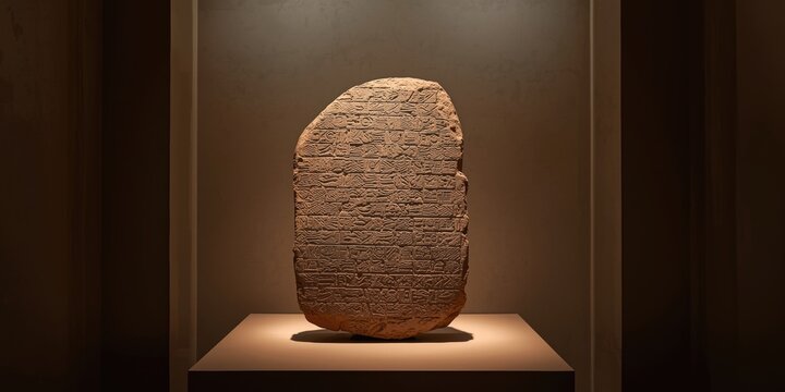 Ancient stone tablet displayed in a museum exhibit