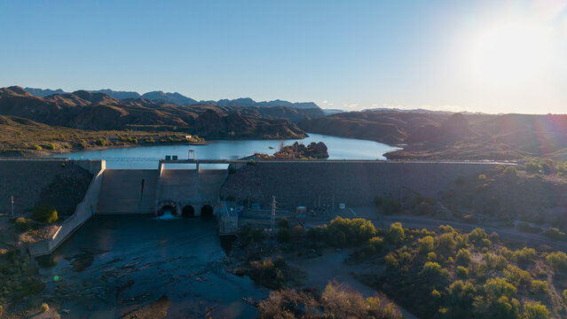 Aerial view of El Tigre dam and reservoir in San Rafael, Mendoza, Argentina