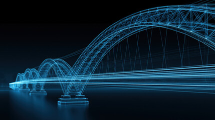Fototapeta premium Glowing blue digital twin wireframe of a modern bridge structure