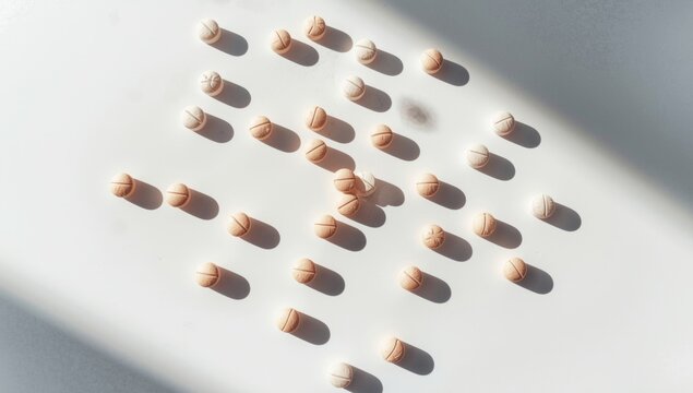 Overhead shot of Amoxicillin medication tablets spread with copy space
