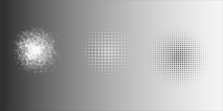 Halftone gradient set. Dotted textured round and square patterns. Cartoon faded background collection. Pixelated bitmap element pack for frame, poster, collage, banner. Vector comic bundle