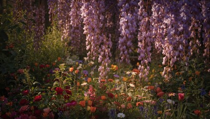 Obraz premium Scenic wisteria blooms flowing through a garden bursting with colorful flowers