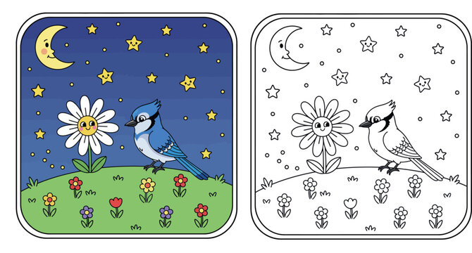 Cute Cartoon Blue Jay and Daisy Under a Starry Night Sky with Moon