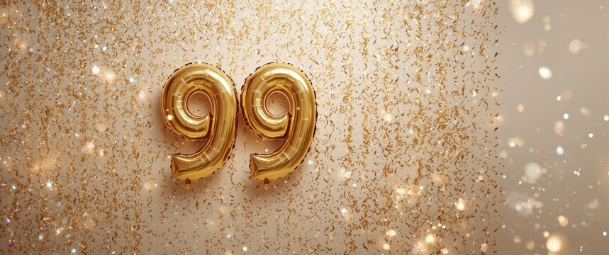 Gold balloons displaying the number 99 with confetti background