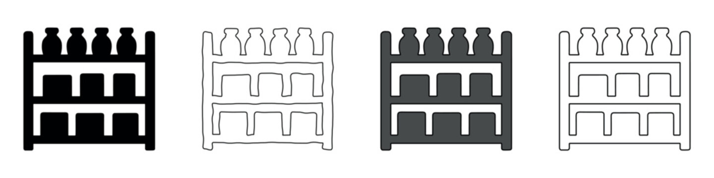 Rack with bottles icon in four different styles: solid, outline, filled, and line art