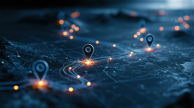 Glowing digital map with a delivery route line and pin markers, logistics and transport concept