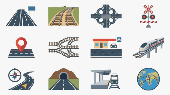 Infrastructure Road and Rail Icons Set.