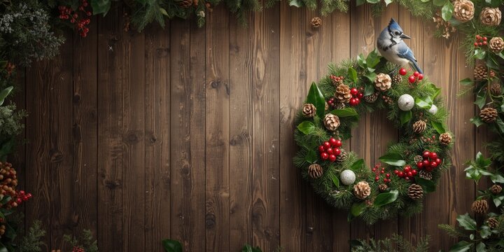 Decorative holiday wreath with blue jay on wooden background