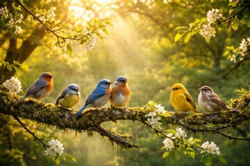 Naklejka premium Colorful birds on blossoming branch.