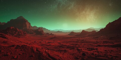 Obraz premium Red barren alien terrain with mountains and shining stars on a surreal green sky
