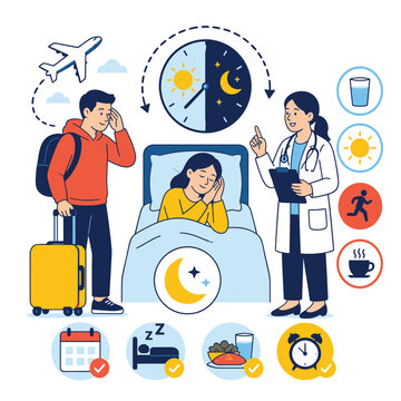 Doctor explaining jet lag prevention and sleep hygiene tips to a tired traveler vector illustration.