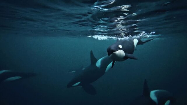Killer Whales Swimming Beneath Ocean Surface Together