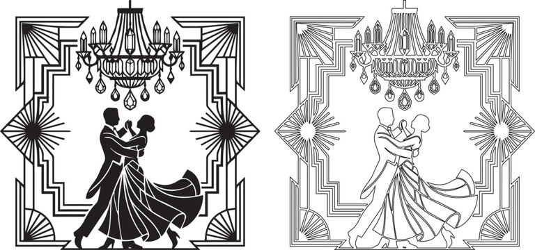 Art deco ballroom dancing couple silhouette, vintage 1920s wedding invitation frame, elegant chandelier and geometric border vector set