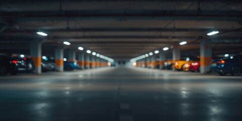Obraz premium Modern indoor parking garage featuring soft illuminated bokeh lights and an airy atmosphere
