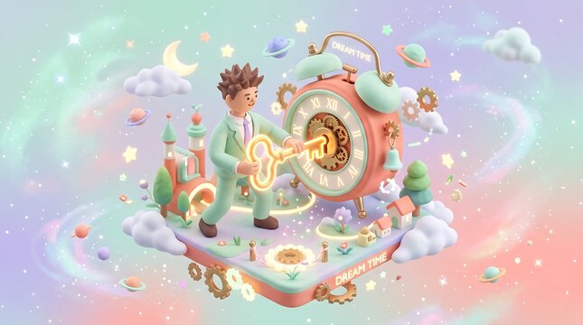 Man using key to start clockwork mechanism in fantasy