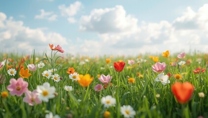 Obraz premium White background floral artwork showcasing colorful spring blooms with grassy green field and sky