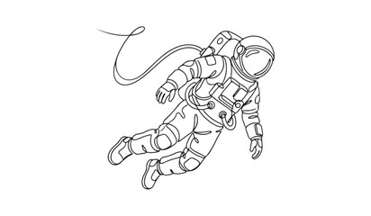 Fototapeta premium Astronaut floating in space continuous line art vector illustration isolated on white background.