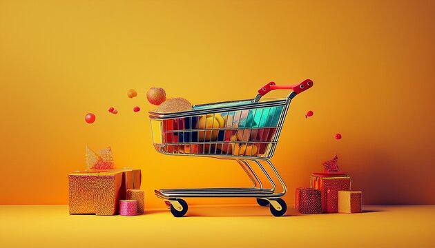 shopping concept with shopping cart on yellow background