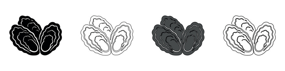 Set of four oyster icons in different styles: solid black, outline, grayscale, and line art © Ophelia