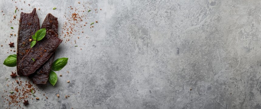 Overhead horizontal copy space photo of a seasoned beef jerky snack with basil leaves and spices displayed on a neutral gray surface