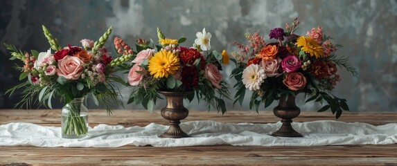 Fototapeta premium Rustic wooden table with vibrant boho flower bouquets in antique glass vases and white cloth with soft focus background