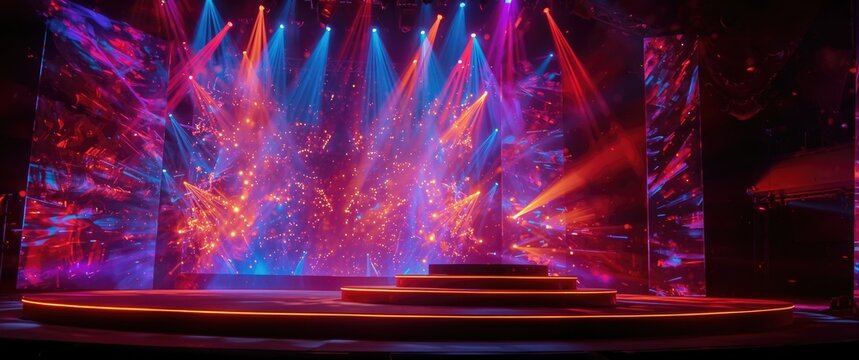 Shimmering neon spotlights flashing on vibrant award celebration stage background