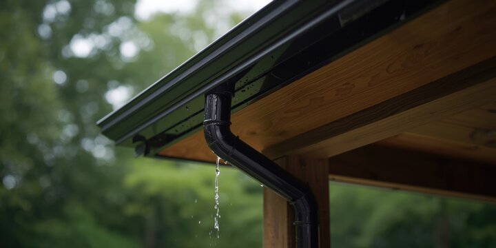 Rainwater dripping from a black gutter on a wooden building