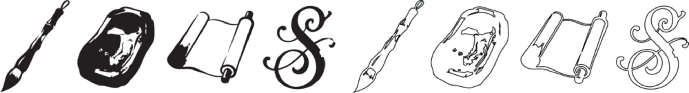Vintage calligraphy set with ink pen and paper scroll, antique writing tools vector icons, classic letter S monogram and wax seal stamp