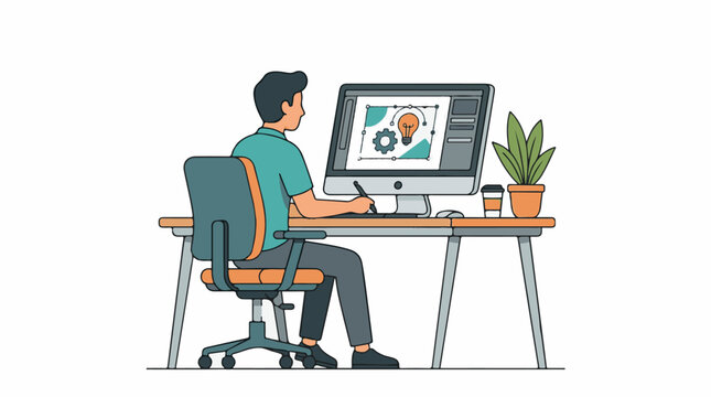A man sitting at a desk working on a computer with a plant