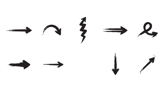Ten textured hand drawn arrow icons showing artistic brush stroke design and direction.