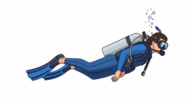 Person in blue scuba gear with tank and fins swims underwater exhaling bubbles