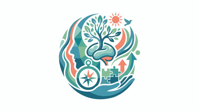 A stylized illustration of a human face with a tree growing out of it surrounded by symbols of nature and guidance
