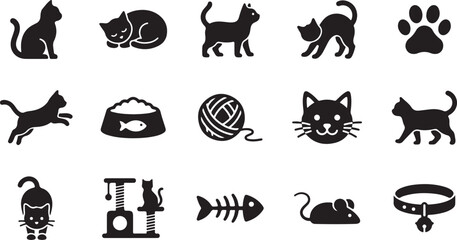 Collection of black cat vector graphic icons featuring various poses and feline accessories for modern minimalist digital design project layouts © Shehzad 