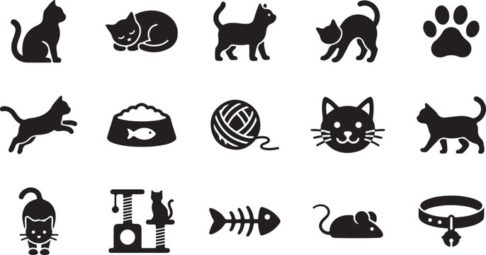 Collection of black cat vector graphic icons featuring various poses and feline accessories for modern minimalist digital design project layouts