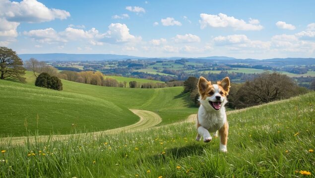 Corgi puppy running joyfully in a green meadow