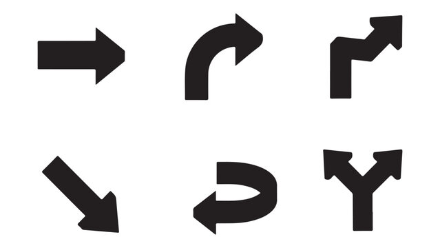 Set of thick black arrow icons showing different directions and turns for navigation design.