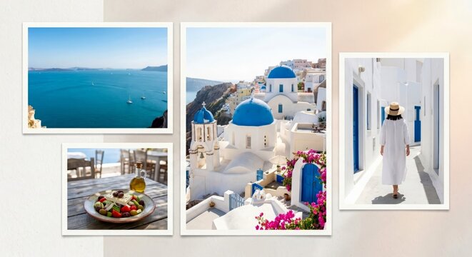 Greece vacation travel mood board collage representing Santorini architectural tourism scenic sea views and Mediterranean culture