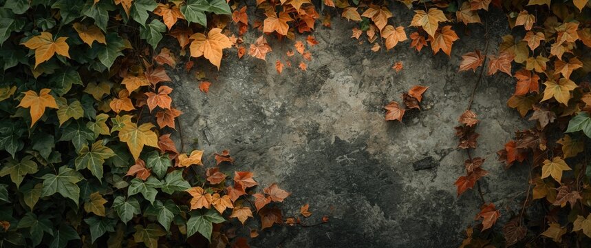 Textured background featuring colorful ivy leaves in early fall for copy space