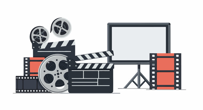 Retro film equipment including reels clapperboard and projector screen