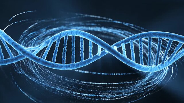 Abstract visualization of a vibrant blue DNA strand, elegantly depicting the essence of genetic code, scientific advancement, and the molecular basis of biological life