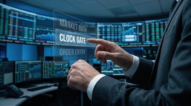 Professional trader interacting with digital market data interface clock gate order entry screen, for financial success, strategic investment, global economic growth