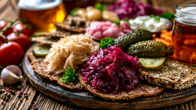 Traditional european platter with sauerkraut pickled vegetables and sliced bread, sauerkraut