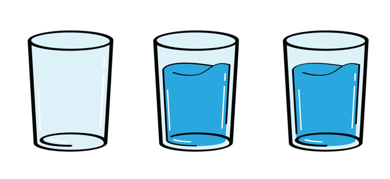 Water glass, drinking glass. Glasses water cup or glass of water. Empty glasses. For clean water drink. Summer drank. Line pattern. Full and empty cup.
