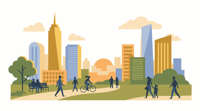 A vibrant city park scene unfolds with diverse people enjoying leisure activities against a backdrop of modern skyscrape