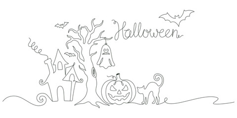 Obraz premium Continuous line drawing of Halloween horizontal background with haunted house, spooky tree, pumpkin, ghost, and black cat