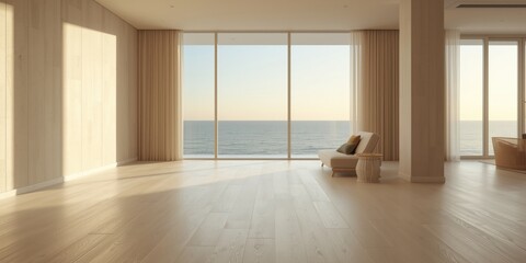 Fototapeta premium Modern living room featuring white wood flooring and minimalist decor with sea view window
