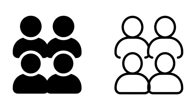 Group Iconography: Two simple representations of a group of four people, one filled in black and the other as an outline, symbolizing community or a collective.