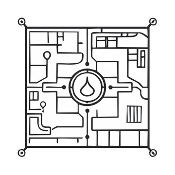 Stylized abstract maze with central drop icon and circular pathways