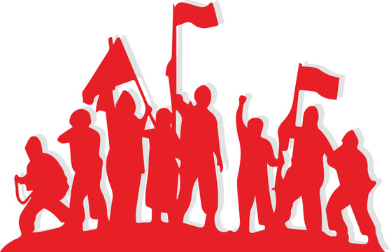 Red silhouettes of people protesting together.