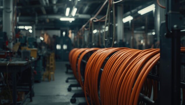 Orange cable rolls in a dimly lit industrial workspace